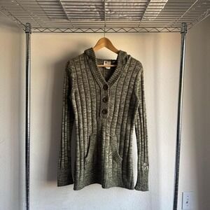 Roxy Green Button Up Knit Hooded Sweater Cardigan Long Sleeve Y2K Surf Boho